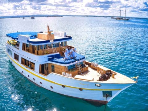 Magia II luxury white and gold motor yacht with guests in white robes on deck anchored in calm Indonesian harbor with other yachts in background