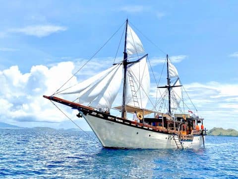 Samboja white luxury Indonesian phinisi liveaboard with sails deployed anchored in bright blue waters with dry tropical hills in background