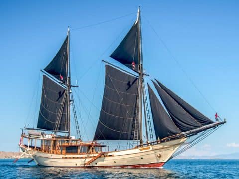 Silolona luxury Indonesian phinisi schooner sailing under full dark black sails with white hull and red waterline stripe in Indonesian waters