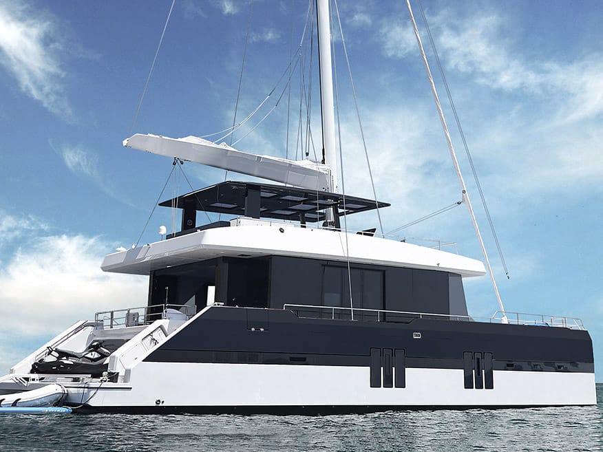 Sunreef 68 Eagle Wings luxury catamaran side profile view showing dark navy hull white superstructure solar panels mast and tender garage